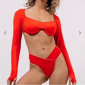 We Are HaH Free People Keep it Open Blood Red Long Sleeve Swim Top Crop Top